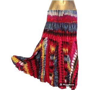 Y2K Tie Dye Indian Cotton Midi Skirt M Pleated Rainbow Resort Cruise Beach Cover